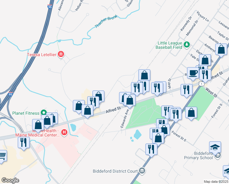 map of restaurants, bars, coffee shops, grocery stores, and more near 46 Pomerleau Street in Biddeford