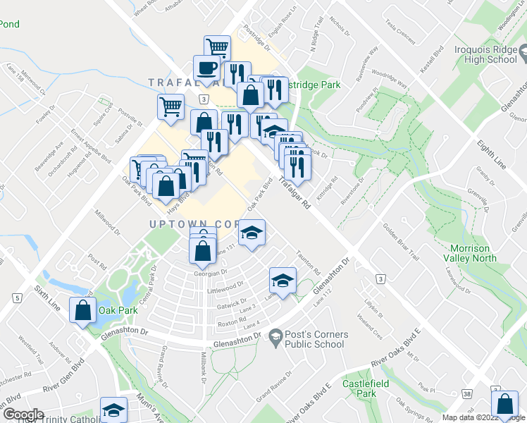 map of restaurants, bars, coffee shops, grocery stores, and more near 2333 Taunton Road in Oakville