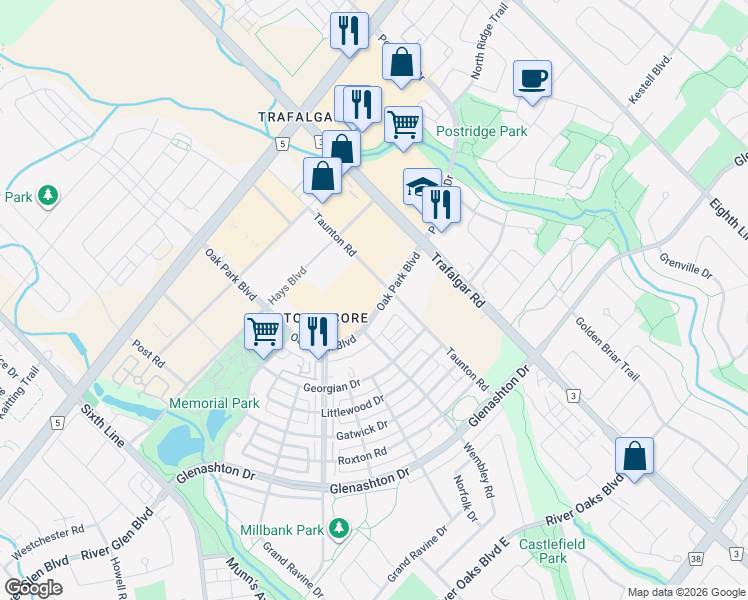 map of restaurants, bars, coffee shops, grocery stores, and more near 223 Oak Park Boulevard in Oakville