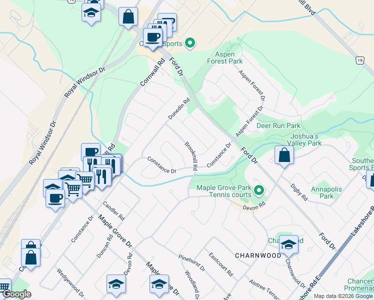 map of restaurants, bars, coffee shops, grocery stores, and more near 440 Brookmill Road in Oakville