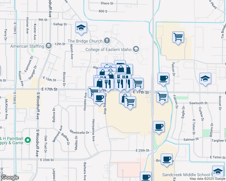 map of restaurants, bars, coffee shops, grocery stores, and more near 2300 East 17th Street in Idaho Falls