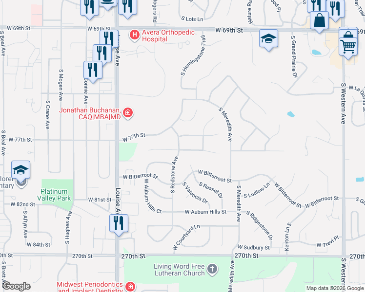 map of restaurants, bars, coffee shops, grocery stores, and more near 3101 West Miramar Circle in Sioux Falls