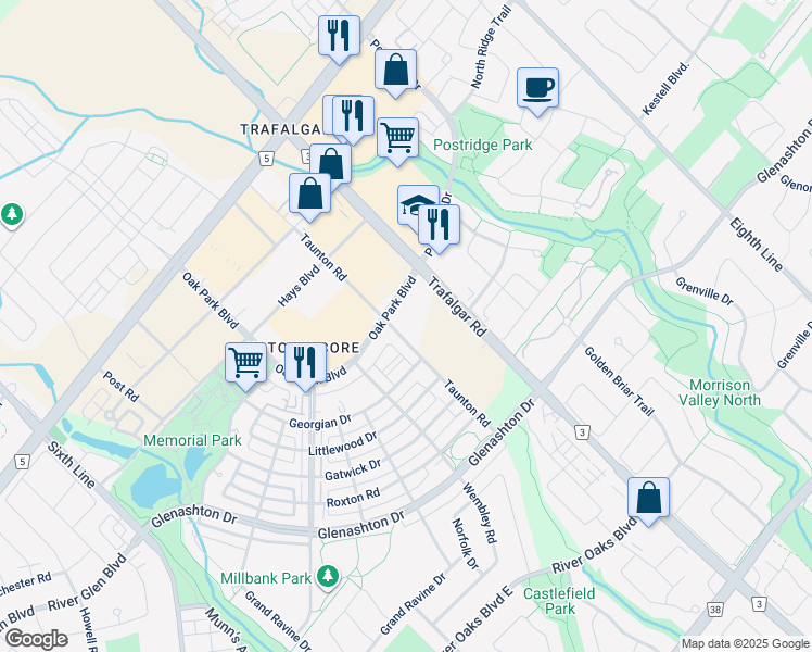 map of restaurants, bars, coffee shops, grocery stores, and more near 2333 Taunton Road in Oakville