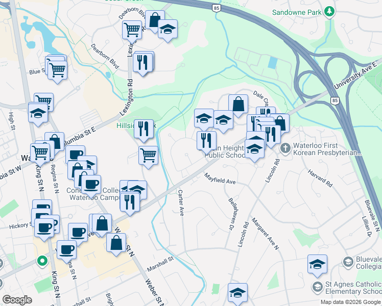 map of restaurants, bars, coffee shops, grocery stores, and more near 170 Macgregor Crescent in Waterloo