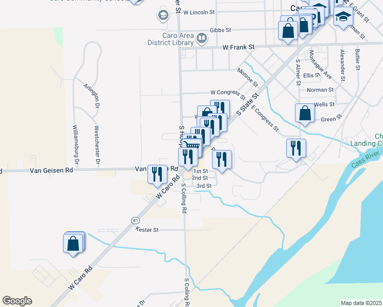 map of restaurants, bars, coffee shops, grocery stores, and more near 858 South State Street in Caro