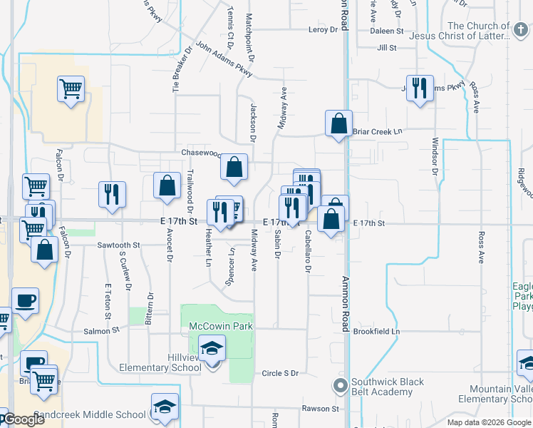 map of restaurants, bars, coffee shops, grocery stores, and more near 3255 E 17th St in Ammon