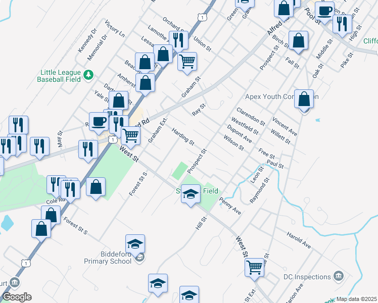 map of restaurants, bars, coffee shops, grocery stores, and more near 168 Prospect Street in Biddeford