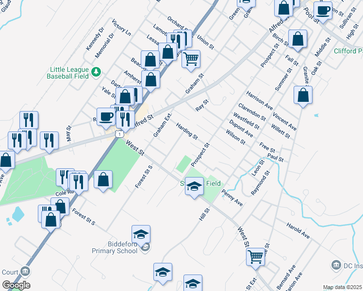 map of restaurants, bars, coffee shops, grocery stores, and more near 168 Prospect Street in Biddeford