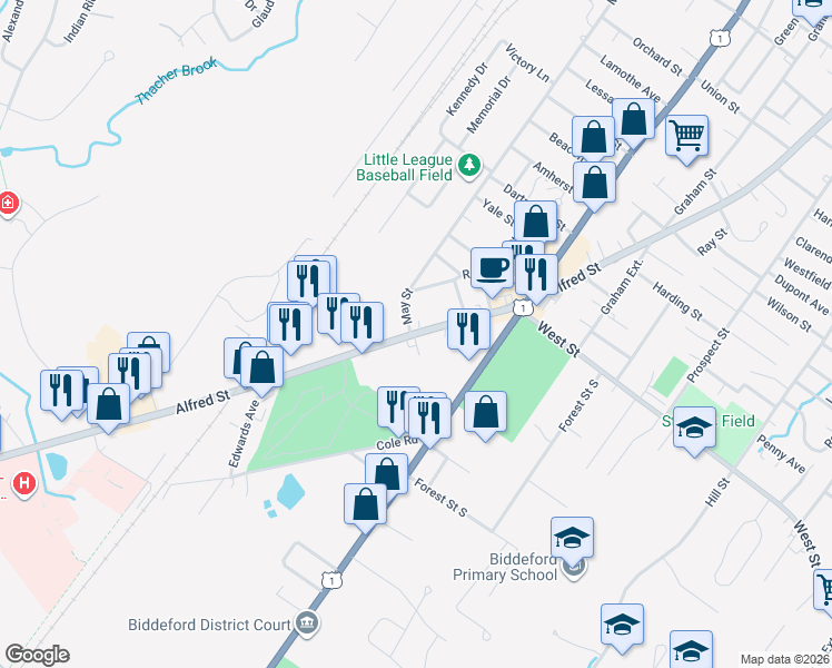 map of restaurants, bars, coffee shops, grocery stores, and more near 403 Alfred Street in Biddeford