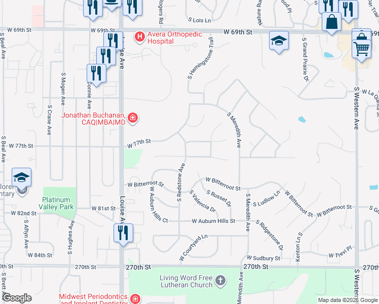 map of restaurants, bars, coffee shops, grocery stores, and more near 3101 West Miramar Circle in Sioux Falls