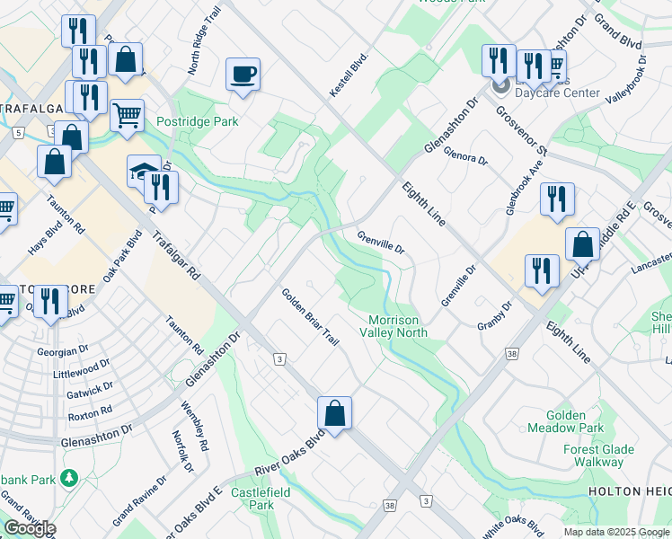 map of restaurants, bars, coffee shops, grocery stores, and more near 436 Hedgerow Lane in Oakville