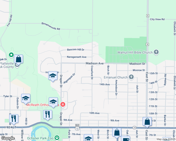 map of restaurants, bars, coffee shops, grocery stores, and more near 1707/1709 Crawford Street in Baraboo