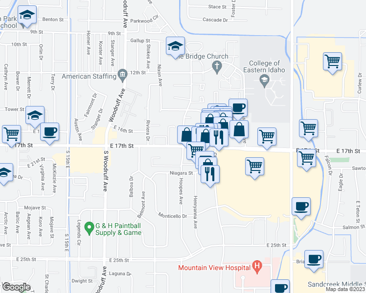 map of restaurants, bars, coffee shops, grocery stores, and more near Hoopes Avenue in Idaho Falls