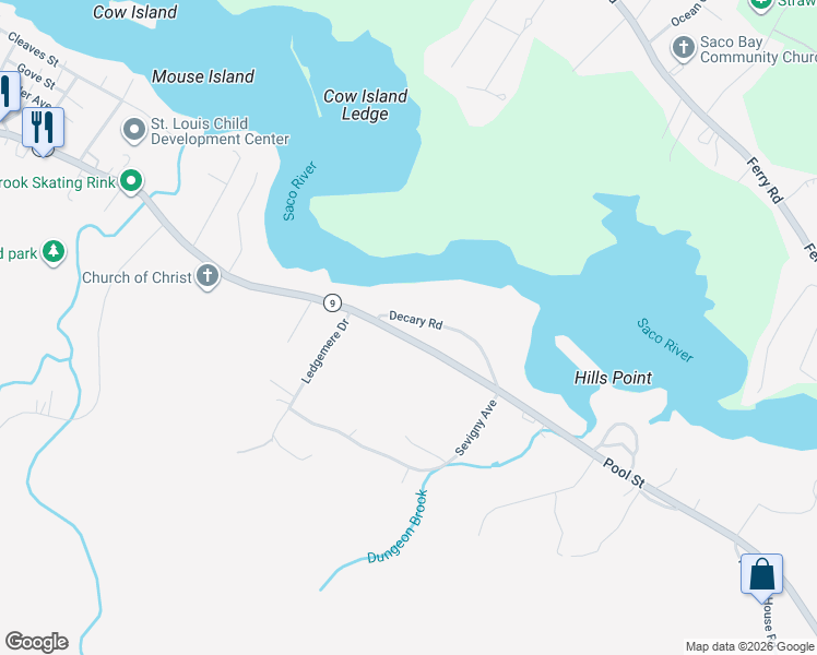 map of restaurants, bars, coffee shops, grocery stores, and more near 6 Decary Road in Biddeford