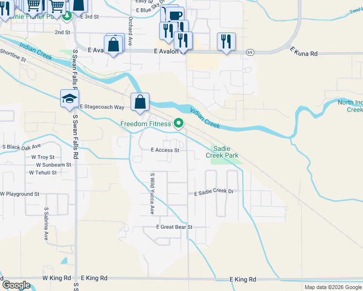 map of restaurants, bars, coffee shops, grocery stores, and more near 760 East Access Street in Kuna