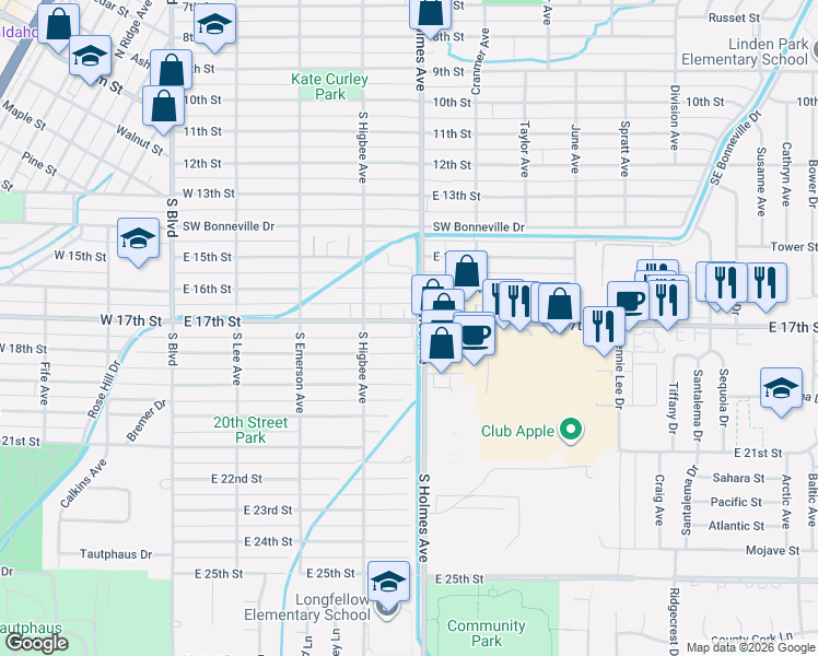 map of restaurants, bars, coffee shops, grocery stores, and more near 449 East 18th Street in Idaho Falls