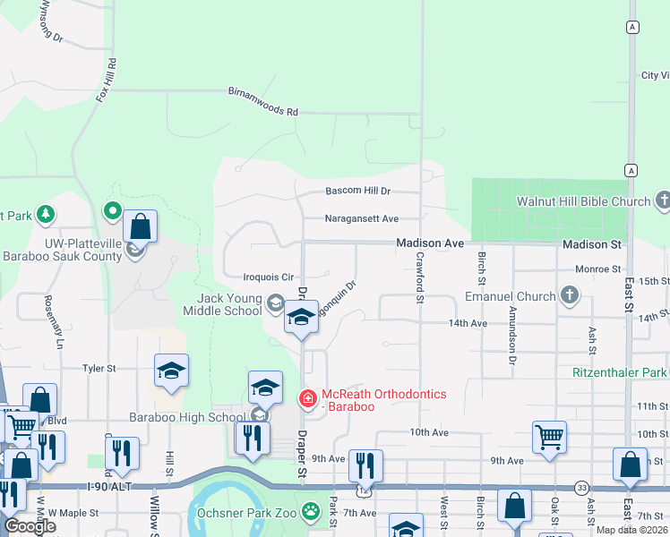 map of restaurants, bars, coffee shops, grocery stores, and more near 1725 Algonquin Drive in Baraboo