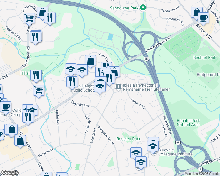 map of restaurants, bars, coffee shops, grocery stores, and more near 290 Lincoln Road in Waterloo