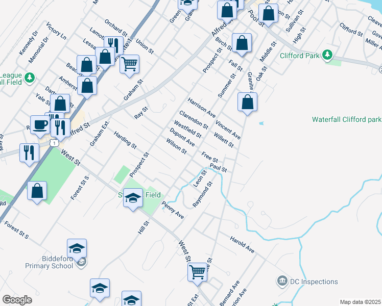 map of restaurants, bars, coffee shops, grocery stores, and more near 241 Hill Street in Biddeford