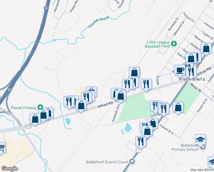 map of restaurants, bars, coffee shops, grocery stores, and more near 46-98 Pomerleau Street in Biddeford