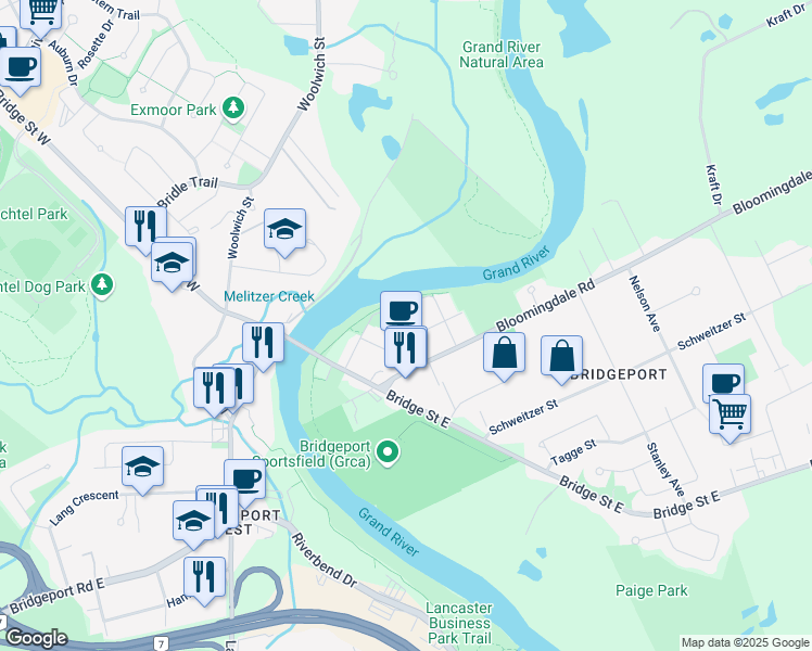 map of restaurants, bars, coffee shops, grocery stores, and more near 7 Market Street in Kitchener
