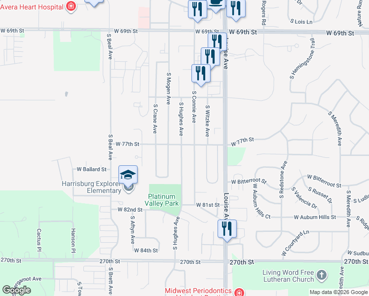 map of restaurants, bars, coffee shops, grocery stores, and more near 7008-7012 South Hughes Avenue in Sioux Falls