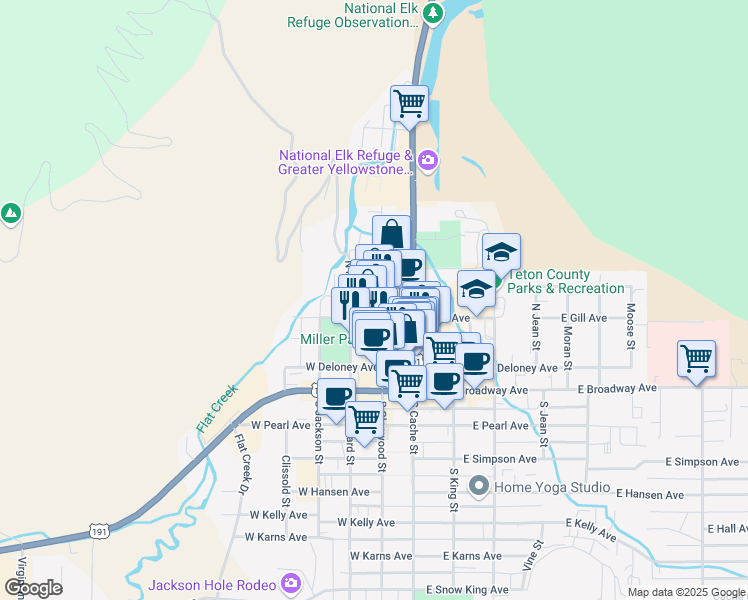 map of restaurants, bars, coffee shops, grocery stores, and more near 165 West Gill Avenue in Jackson