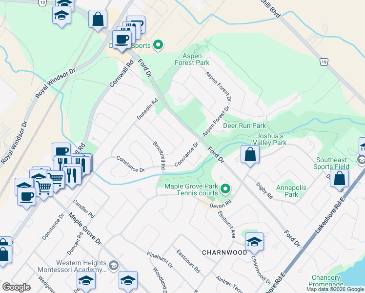 map of restaurants, bars, coffee shops, grocery stores, and more near 2262 Carol Road in Oakville