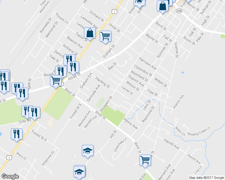 map of restaurants, bars, coffee shops, grocery stores, and more near 62 Harding Street in Biddeford