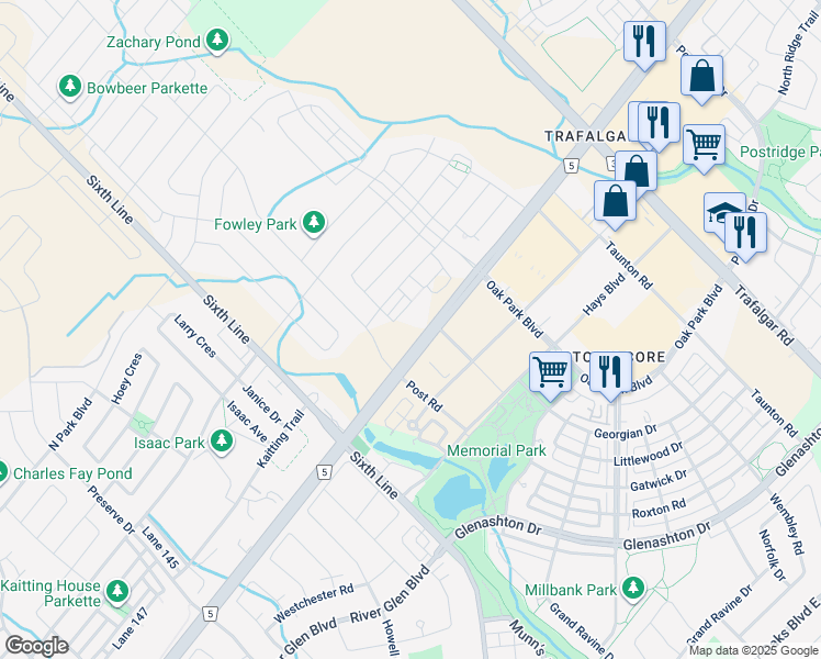 map of restaurants, bars, coffee shops, grocery stores, and more near 102 Grovewood Common in Oakville