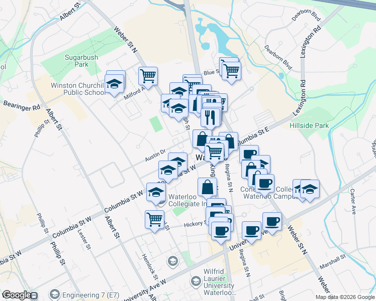 map of restaurants, bars, coffee shops, grocery stores, and more near 12 High Street in Waterloo