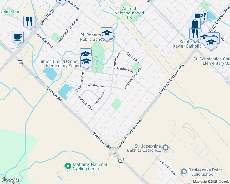 map of restaurants, bars, coffee shops, grocery stores, and more near 301 Nakerville Crescent in Milton