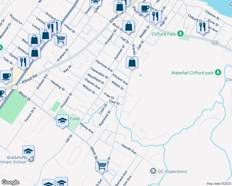 map of restaurants, bars, coffee shops, grocery stores, and more near 90 Granite Street in Biddeford