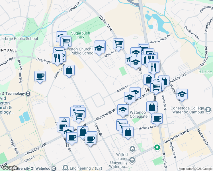 map of restaurants, bars, coffee shops, grocery stores, and more near 391 Hazel Street in Waterloo