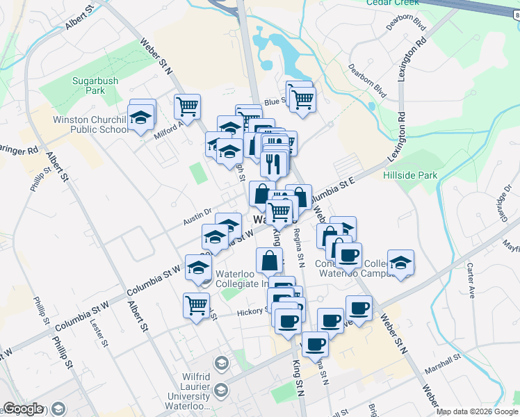 map of restaurants, bars, coffee shops, grocery stores, and more near in Waterloo