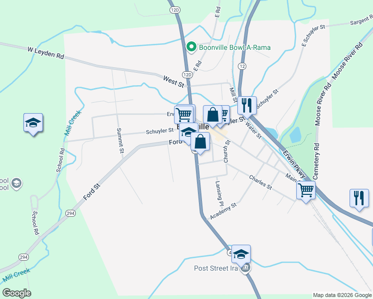 map of restaurants, bars, coffee shops, grocery stores, and more near 110 Ford Street in Boonville