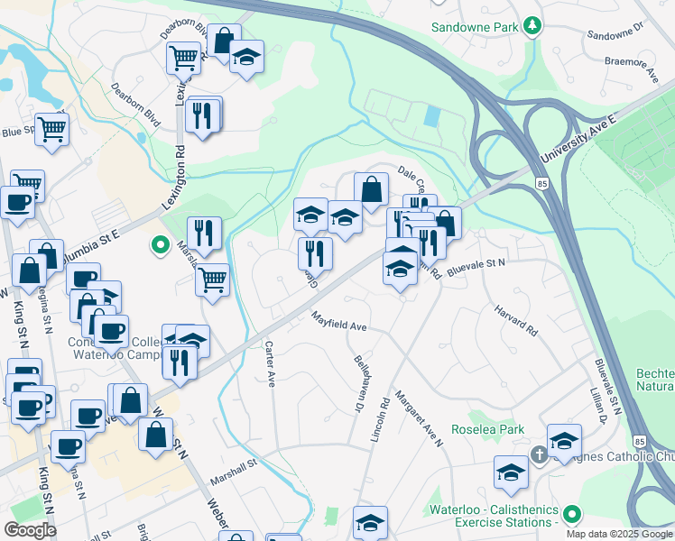 map of restaurants, bars, coffee shops, grocery stores, and more near 250 Glenridge Drive in Waterloo