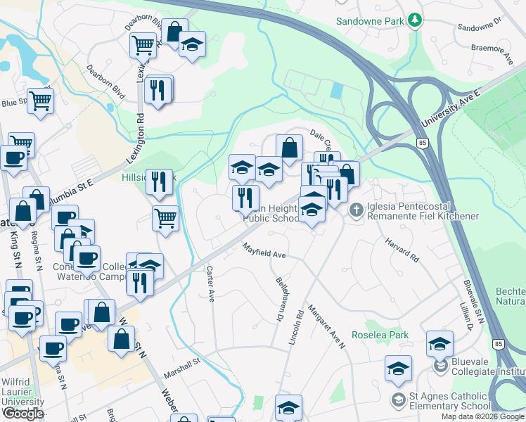 map of restaurants, bars, coffee shops, grocery stores, and more near 250 Glenridge Drive in Waterloo