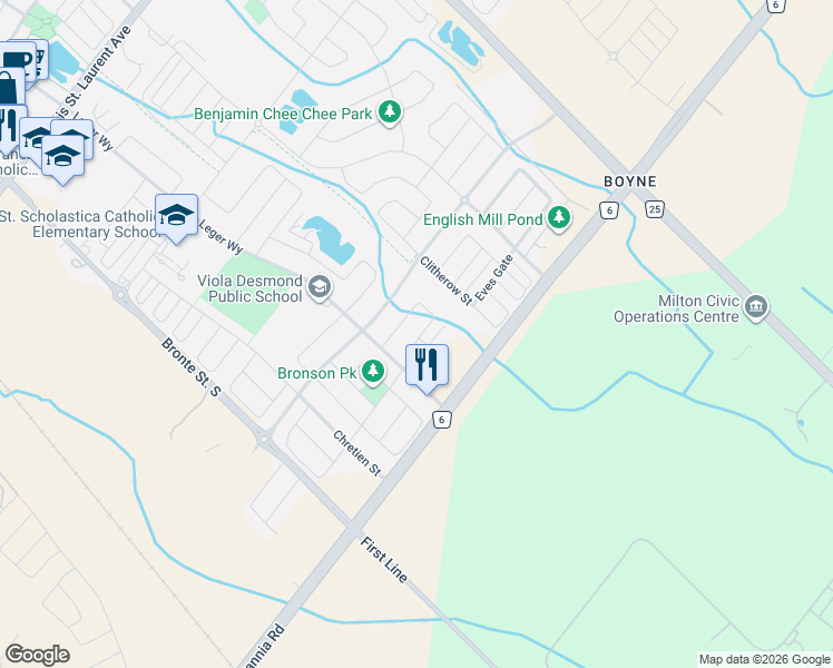 map of restaurants, bars, coffee shops, grocery stores, and more near 248 Belmore Court in Milton
