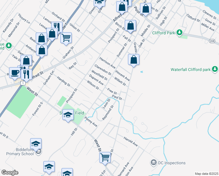 map of restaurants, bars, coffee shops, grocery stores, and more near 12 Free Street in Biddeford