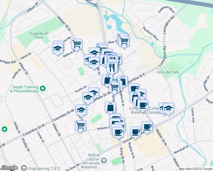 map of restaurants, bars, coffee shops, grocery stores, and more near in Waterloo