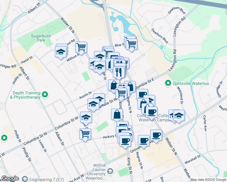 map of restaurants, bars, coffee shops, grocery stores, and more near in Waterloo