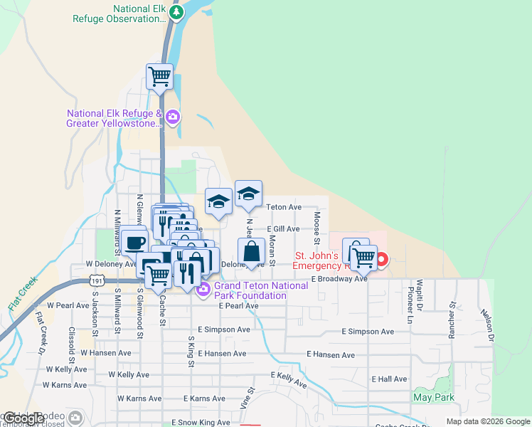 map of restaurants, bars, coffee shops, grocery stores, and more near 355-431 E Gill Ave in Jackson