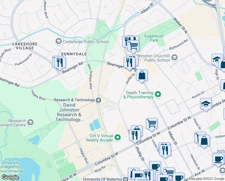 map of restaurants, bars, coffee shops, grocery stores, and more near in Waterloo