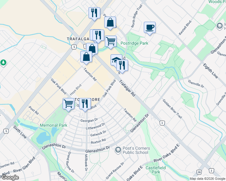 map of restaurants, bars, coffee shops, grocery stores, and more near 2333 Taunton Road in Oakville