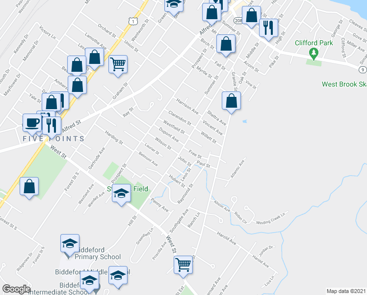 map of restaurants, bars, coffee shops, grocery stores, and more near 233 Hill Street in Biddeford