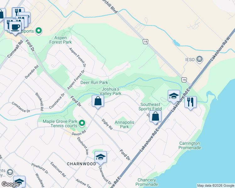 map of restaurants, bars, coffee shops, grocery stores, and more near 2304 Devon Road in Oakville