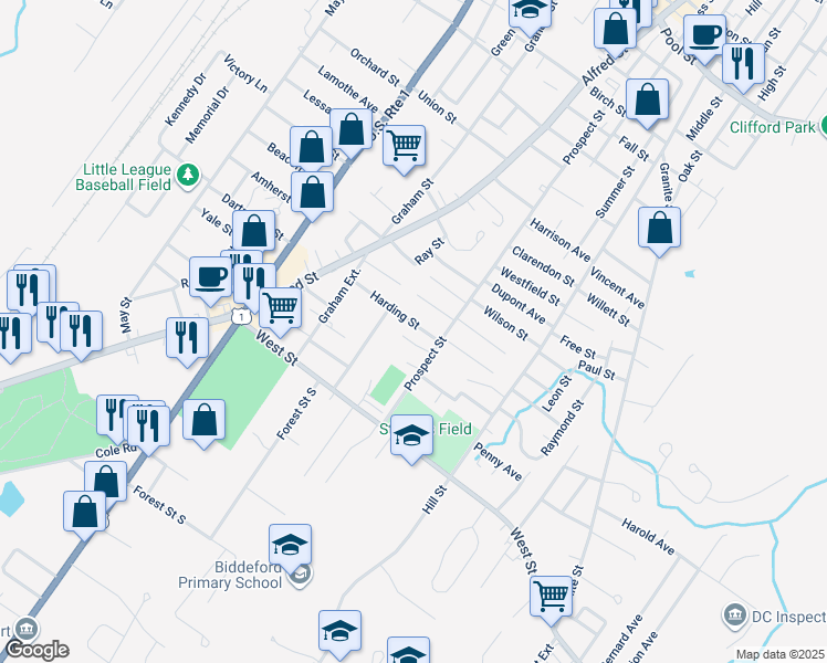 map of restaurants, bars, coffee shops, grocery stores, and more near 62 Harding Street in Biddeford
