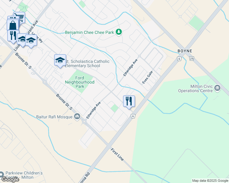 map of restaurants, bars, coffee shops, grocery stores, and more near 256 Etheridge Avenue in Milton