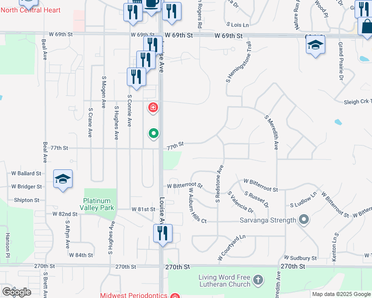 map of restaurants, bars, coffee shops, grocery stores, and more near 3198 W Miramar Cir in Sioux Falls
